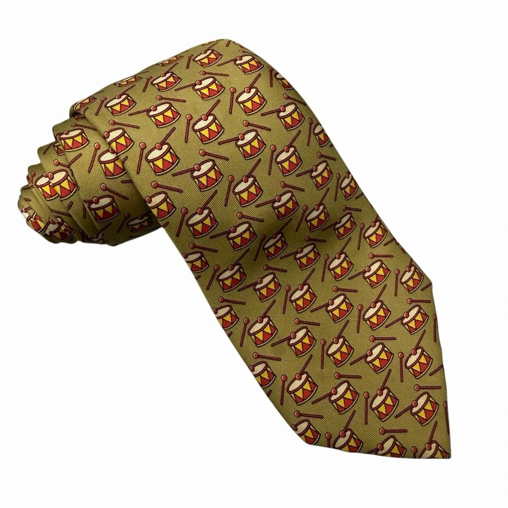 Hermes Men's Tie Tambour Snare Drums Taupe Satin Silk 7565 SA 3 5/8